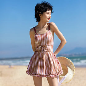 2021 New Women Plaid One Piece Swimwear Bandage Swim Beach Dress Sexy