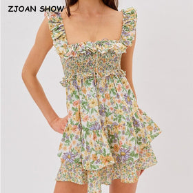 2021 Sexy Floral Print Back Waist Hollow Out Backless Ruffle Strap