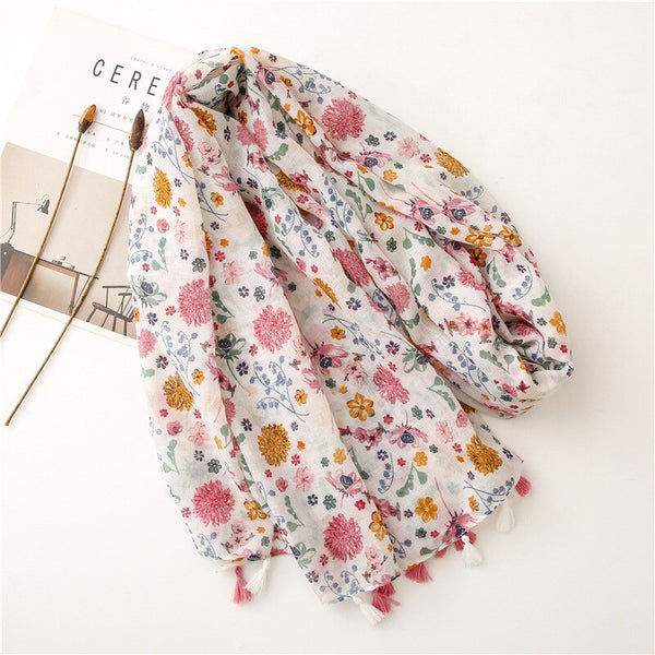 Lovely Polka Floral Tassel Viscose Shawl Scarf