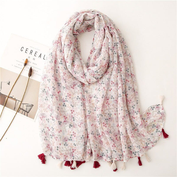 Lovely Polka Floral Tassel Viscose Shawl Scarf