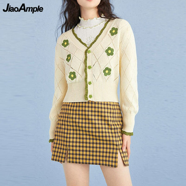 2021 Spring Autumn Women Hollow Out Knitted Cardigan Lady Sweet Floral