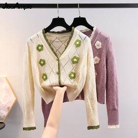 2021 Spring Autumn Women Hollow Out Knitted Cardigan Lady Sweet Floral