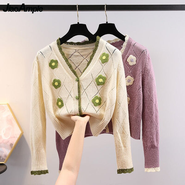 2021 Spring Autumn Women Hollow Out Knitted Cardigan Lady Sweet Floral