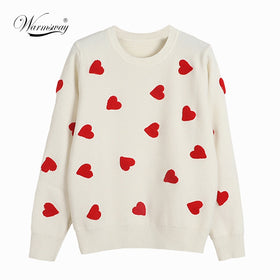 2021 Spring Embroidery Heart Women Sweater O Neck Kawaii Fashion