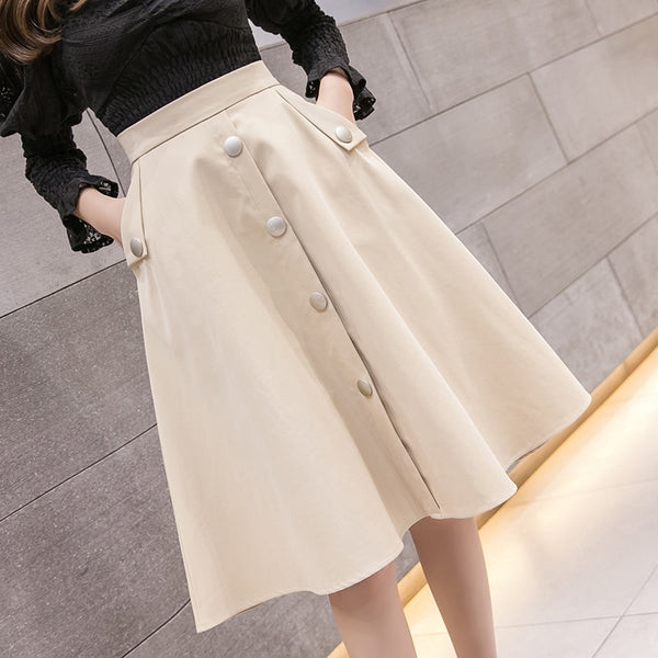 2021 Spring New Women Midi Skirt Korean Chic Single breasted A Line