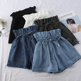 2021 Summer High Waist Denim Shorts Women Casual Loose Ladies Lace up