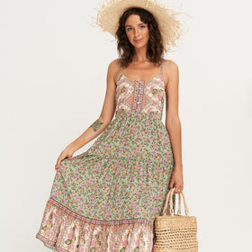 2021 Summer New Bohemian Long Dress Floral Print Suspender Sexy Dress