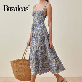 2021 Summer Women Dresses Blue Floral Print Chiffon Midi Dress France