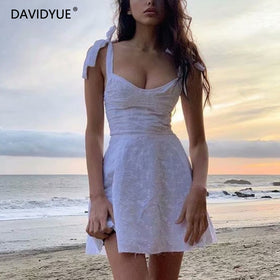 2021 Summer dress women sleeveless hollow out white lace mini dress