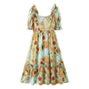 2021 Sunflower Print Ball Gown Dress Wood ears Puff Sleeve Retro Women