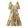 2021 Sunflower Print Ball Gown Dress Wood ears Puff Sleeve Retro Women