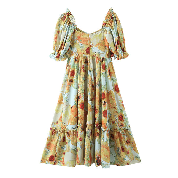 2021 Sunflower Print Ball Gown Dress Wood ears Puff Sleeve Retro Women