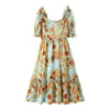 2021 Sunflower Print Ball Gown Dress Wood ears Puff Sleeve Retro Women