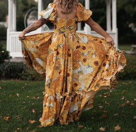 2021 Sunflower Print Ball Gown Dress Wood ears Puff Sleeve Retro Women