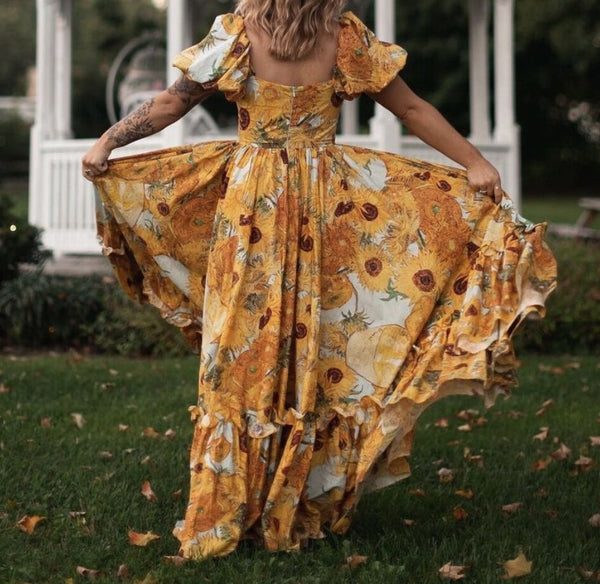 2021 Sunflower Print Ball Gown Dress Wood ears Puff Sleeve Retro Women