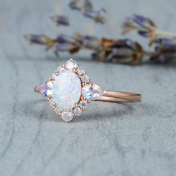 2021 Trendy Two Style Imitation Opal/Moonstone Classic Crown Ring For