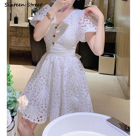 2021 White Lace Dresses Woman V neck High Waist Summer Dress Woman