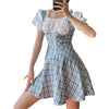 2021 Women Plaid Print Dress with Front Bandage Short Puff Sleeve High