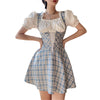 2021 Women Plaid Print Dress with Front Bandage Short Puff Sleeve High