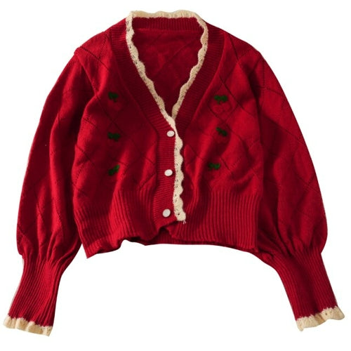 2021 autumn embroidery cherry knitted sweater cardigans women's new V