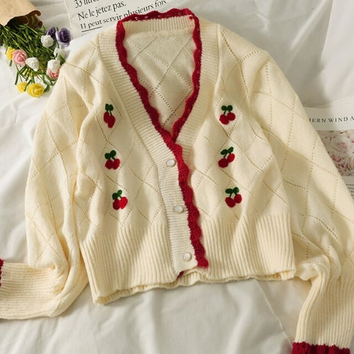 2021 autumn embroidery cherry knitted sweater cardigans women's new V