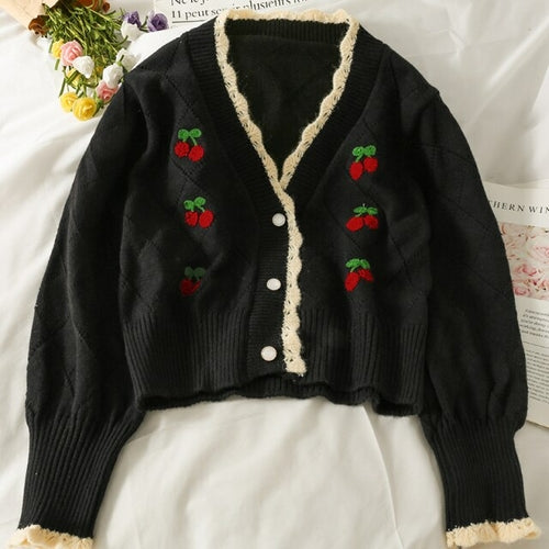 2021 autumn embroidery cherry knitted sweater cardigans women's new V