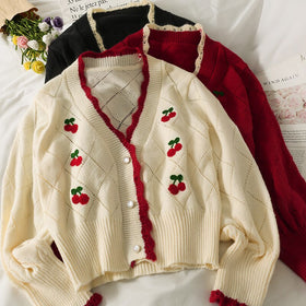 2021 autumn embroidery cherry knitted sweater cardigans women's new V