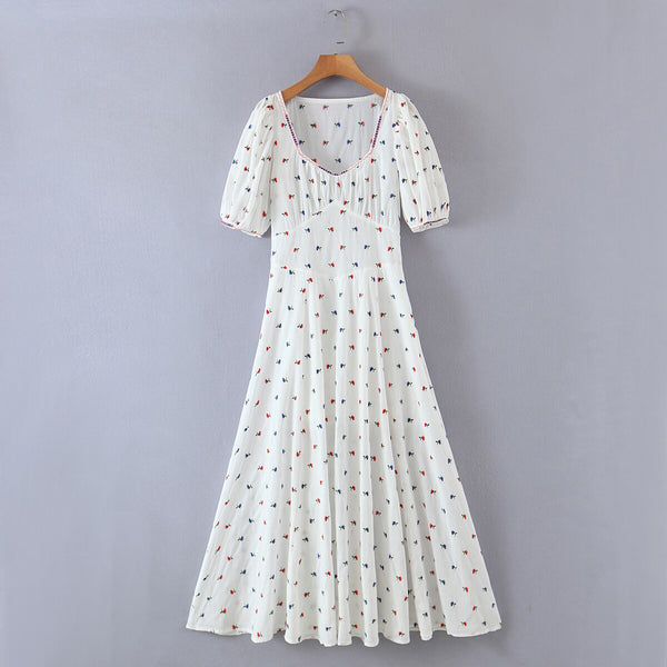 2022 Retro Square collar Embroidery Floral Midi Dress Women Chest