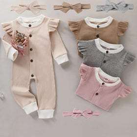 2Pcs Set Cute Newborn Baby Girls Rompers Ruffles Long Sleeve Cotton