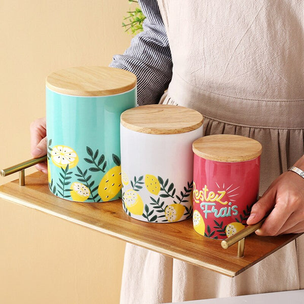 300 1100ml Ceramic Storage Jars Wooden Lids Tea Sealed Coffee Sugar