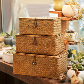 3pcs New Seaweed With Button Woven Basket Straw Woven Debris Desktop