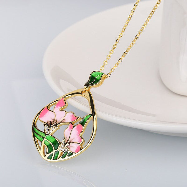 925 Silver Ladies Necklace Pink Flowers Elegant Pendant Necklace Pink