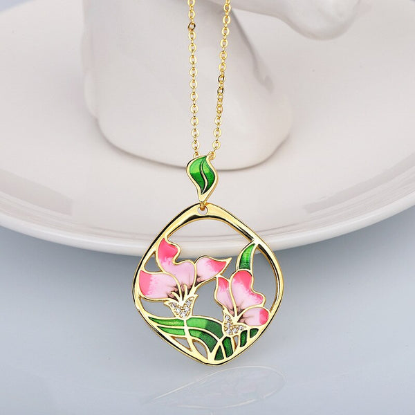 925 Silver Ladies Necklace Pink Flowers Elegant Pendant Necklace Pink