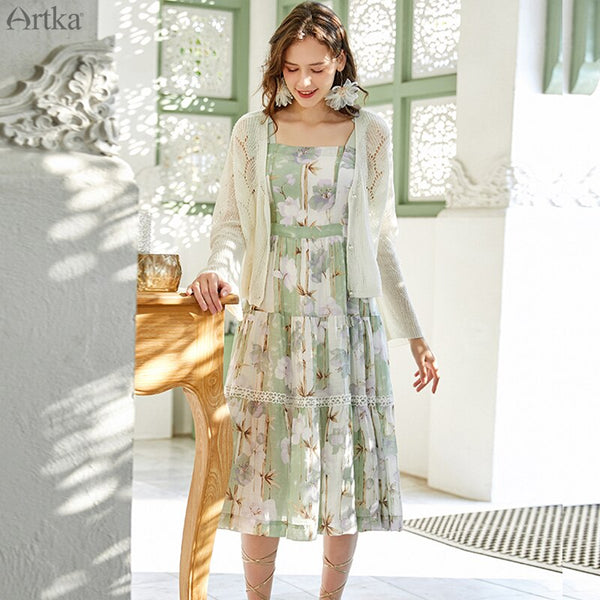 ARTKA 2020 Summer New Women Dress Elegant Flower Print Dress Sexy