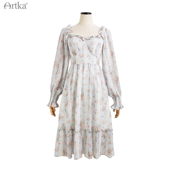 ARTKA 2021 Early Autumn New French Retro Square Collar Floral Chiffon