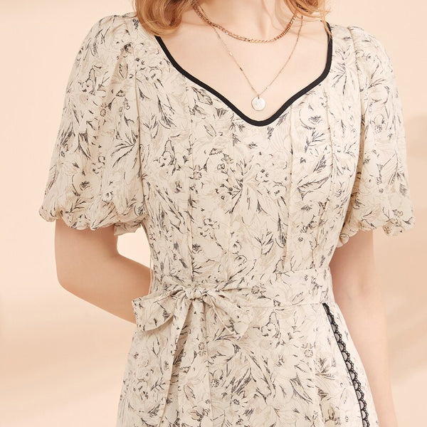 ARTKA 2021 Summer New Elegant V Neck Floral Chiffon Dress Female Puff