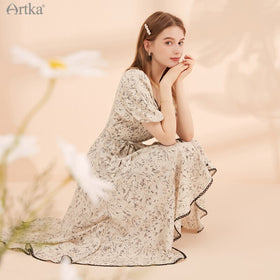 ARTKA 2021 Summer New Elegant V Neck Floral Chiffon Dress Female Puff