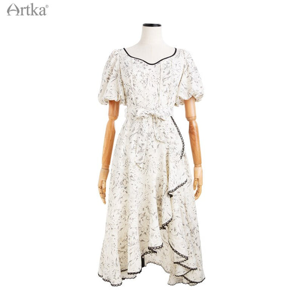 ARTKA 2021 Summer New Elegant V Neck Floral Chiffon Dress Female Puff