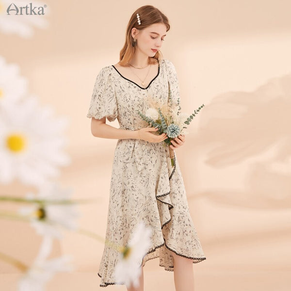 ARTKA 2021 Summer New Elegant V Neck Floral Chiffon Dress Female Puff