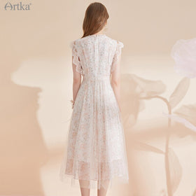 ARTKA 2021 Summer New Women Dress Elegant Floral Mesh Chiffon Long