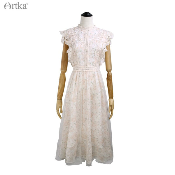 ARTKA 2021 Summer New Women Dress Elegant Floral Mesh Chiffon Long