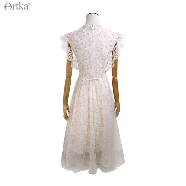 ARTKA 2021 Summer New Women Dress Elegant Floral Mesh Chiffon Long