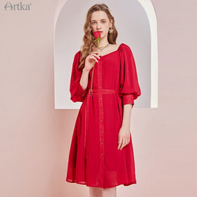 ARTKA 2021 Summer New Women Dress French Elegant Square Collar Dresses