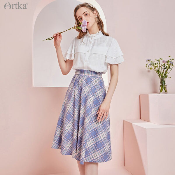 100% Cotton Plaid High Waist Skirt