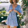 Aachoae Sexy V Neck Florla Print Mini Dresses Women Beach Style Short