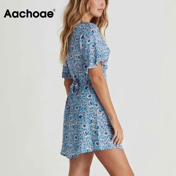 Aachoae Sexy V Neck Florla Print Mini Dresses Women Beach Style Short