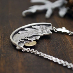 Adventure Awaits Mountain Landscape Necklace Gold Sun Flying Bird