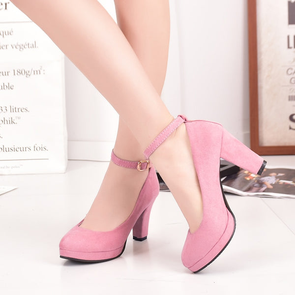 Ankle Strap High Heels Sweet Women's Pumps Flock Woman Thick Flock