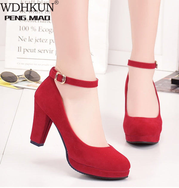 Ankle Strap High Heels Sweet Women's Pumps Flock Woman Thick Flock