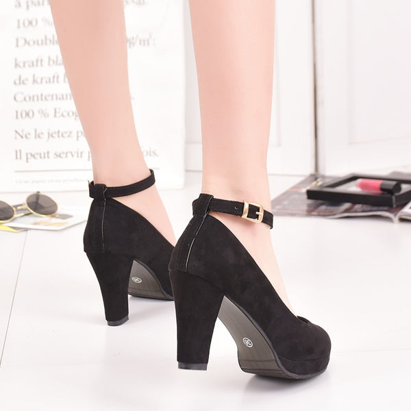 Ankle Strap High Heels Sweet Women's Pumps Flock Woman Thick Flock